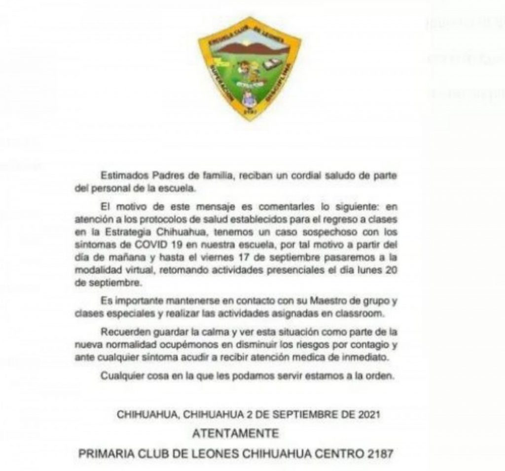 Suspenden también clases presenciales en la Primaria Estatal Club de Leones  2187 de Chihuahua por un caso sospechoso de COVID-19 |