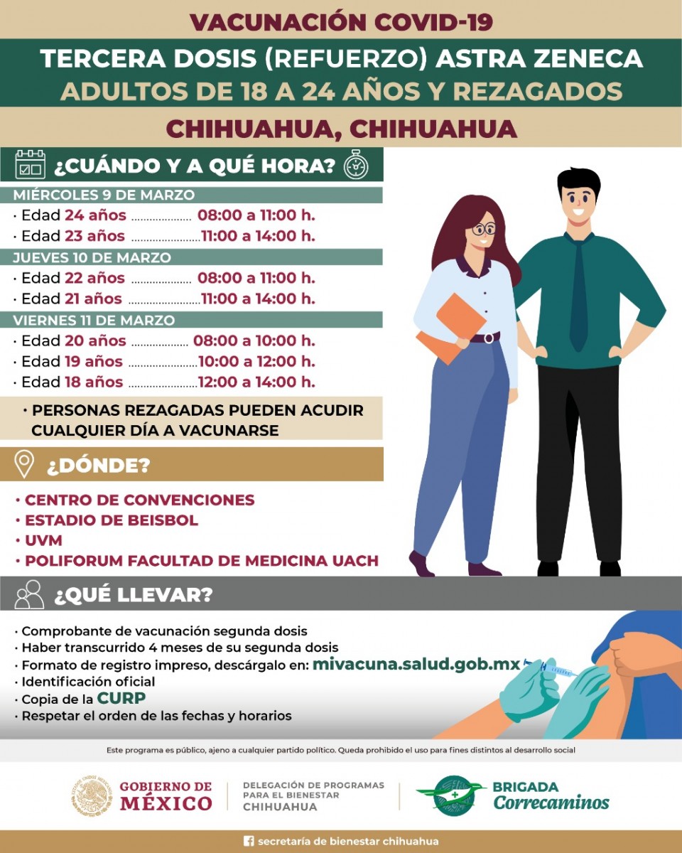 Abren en Chihuahua operativo de vacunación de refuerzo para personas de 18  a 24 años y personas rezagadas de tercera dosis |