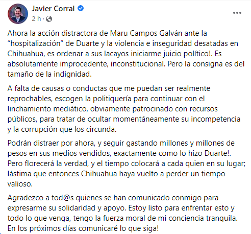 Pronunciamiento de Javier Corral por juicio político